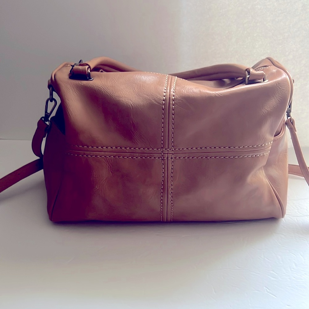 Antik Kraft Vegan Leather Satchel, camel w/retro print fabric lining. - Picture 1 of 9